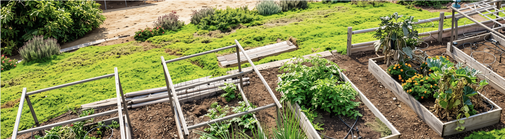A panoramic view of raised garden beds with herbs and vegetables growing in rows.
