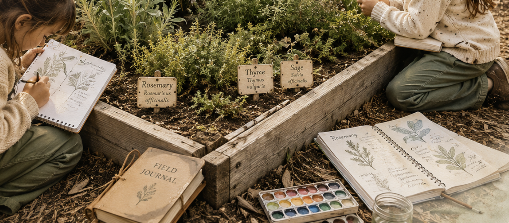 Two students kneel beside a raised herb bed labeled Rosemary, Thyme, and Sage, sketching plants in their Field Journals with a watercolor palette nearby.